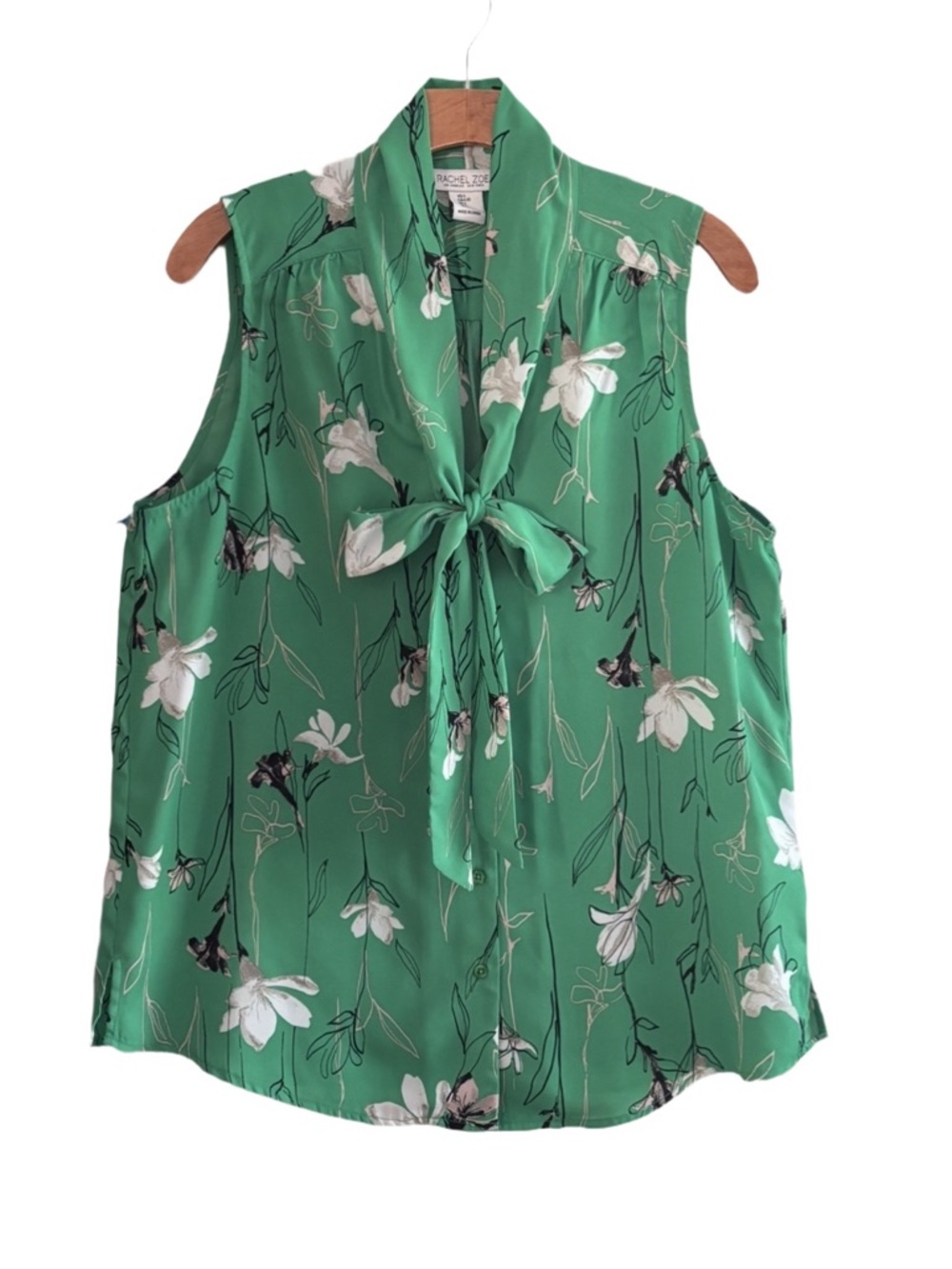 Rachel Zoe Green Floral Tie-Neck Sleeveless Blouse